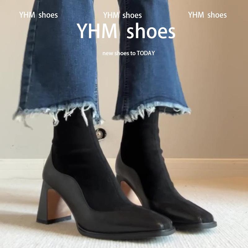 Francuskie Vintage Łączone Brązowe Elastyczne Obcisłe Kozaki Damskie Zamek z Tyłu na Główce Wysoki Obcas Krótkie Kozaki Małe Skarpety Kozaki