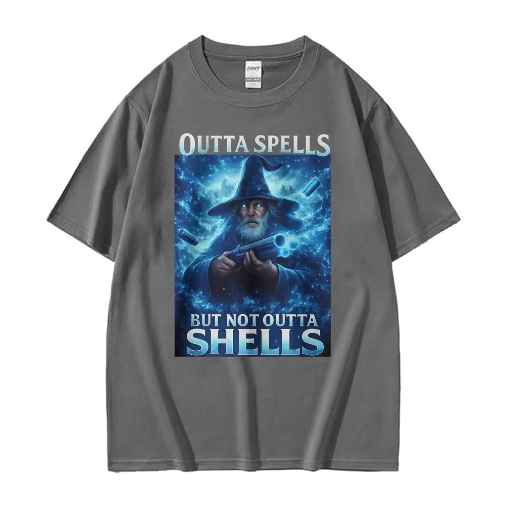 Outta Spells But Not Outta Shells Ironic Wizard Funny Fantasy Meme T Shirts Men Women Summer Tops pure Cotton Tshirt Streetwear