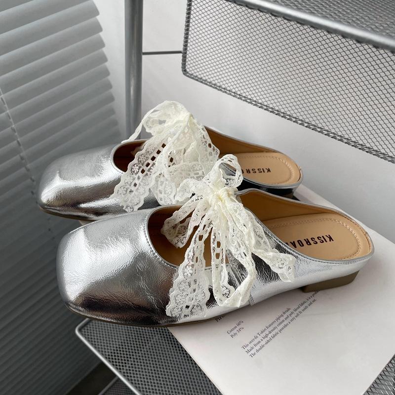 Baotou Half-slipper Women's Spring and Summer Low-heeled Lace Bow Shoes Mary Jane Flip-flops