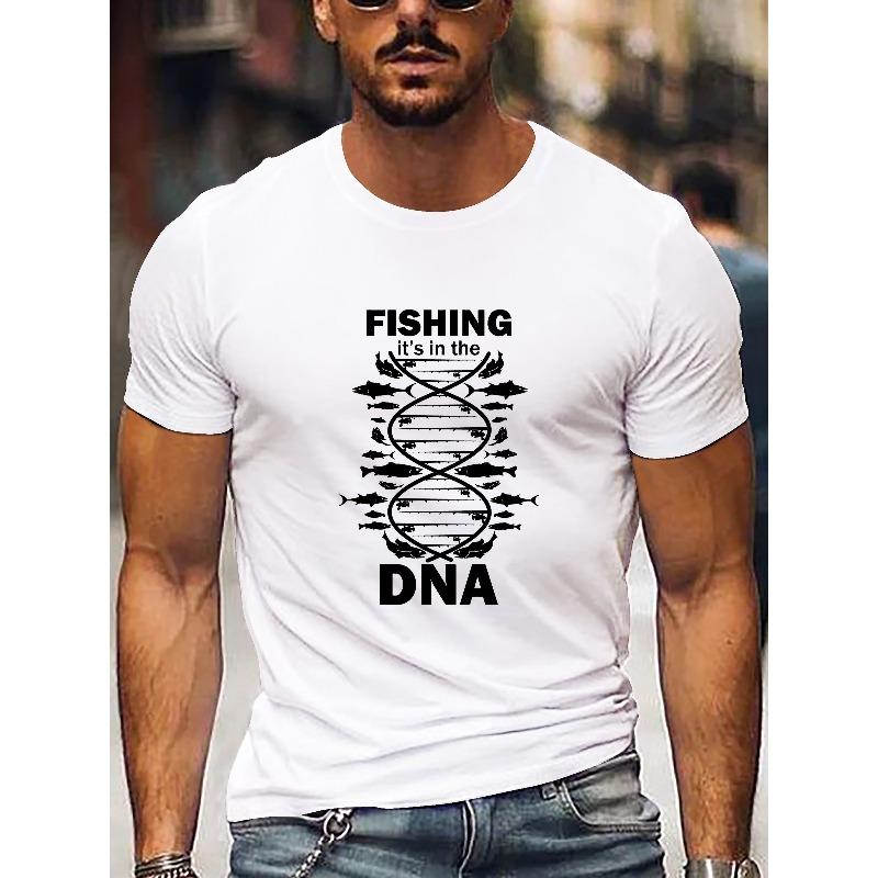European sizes Fishing DNA Print Men'S Round Neck T-Shirt, Lightweight Breathable Outdoor Top, Suitable for Daily Life And Athletic Activities