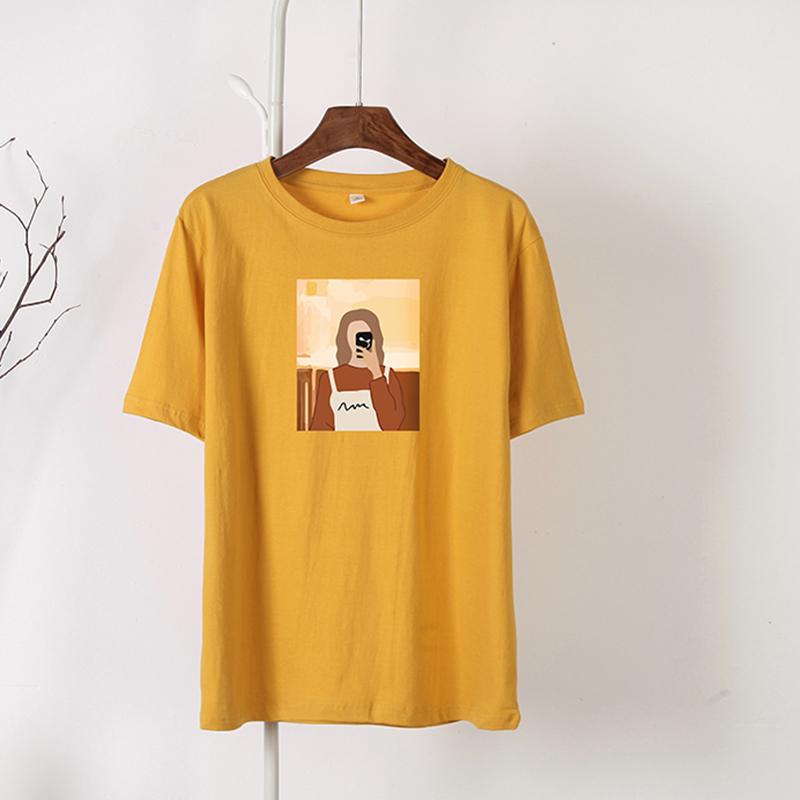 Hirsionsan Koreanska grafiska T-shirts Dam Sommar Casual Lös O-hals Kortärmade T-shirts Kvinnliga vintagetryckta 100 % bomull Toppar