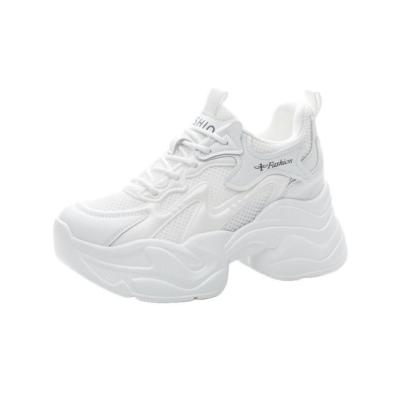 With wide-leg pants, thick-soled inner height increase, small cowhide white shoes, mesh casual sports shoes, women's shoes