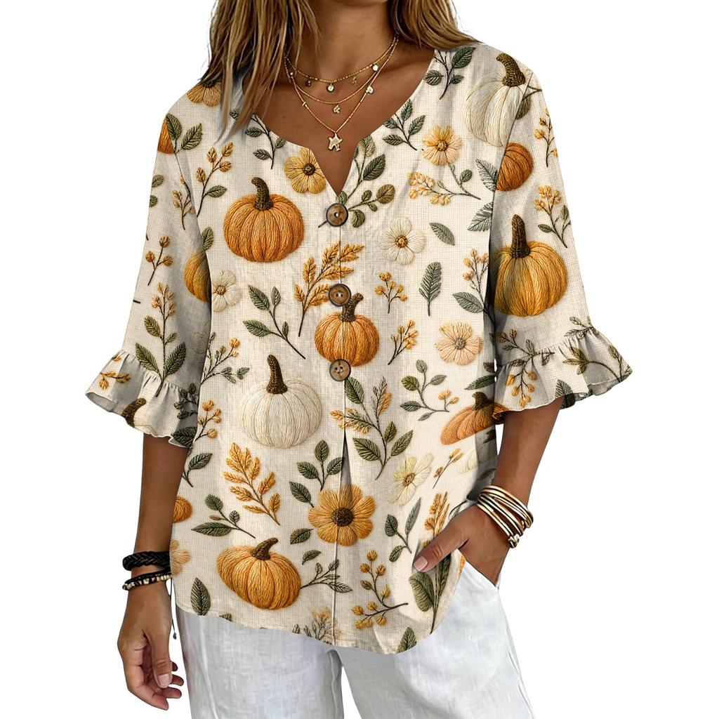 Women's Casual Halloween Print V-Neck Ruffle Sleeve Loose Fit Top