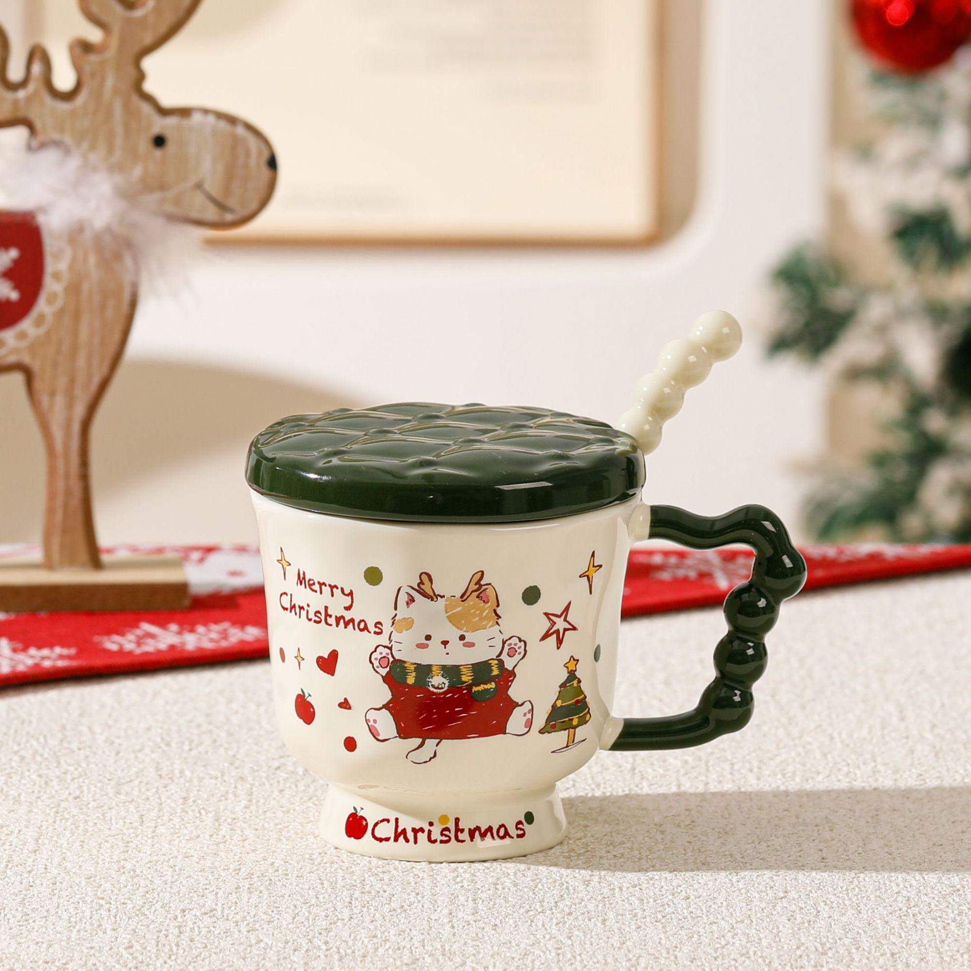 Christmas cat, high appearance level, Mark ceramic water cup lid, spoon, cute gift box, birthday creative souvenir, coffee cup 380ml