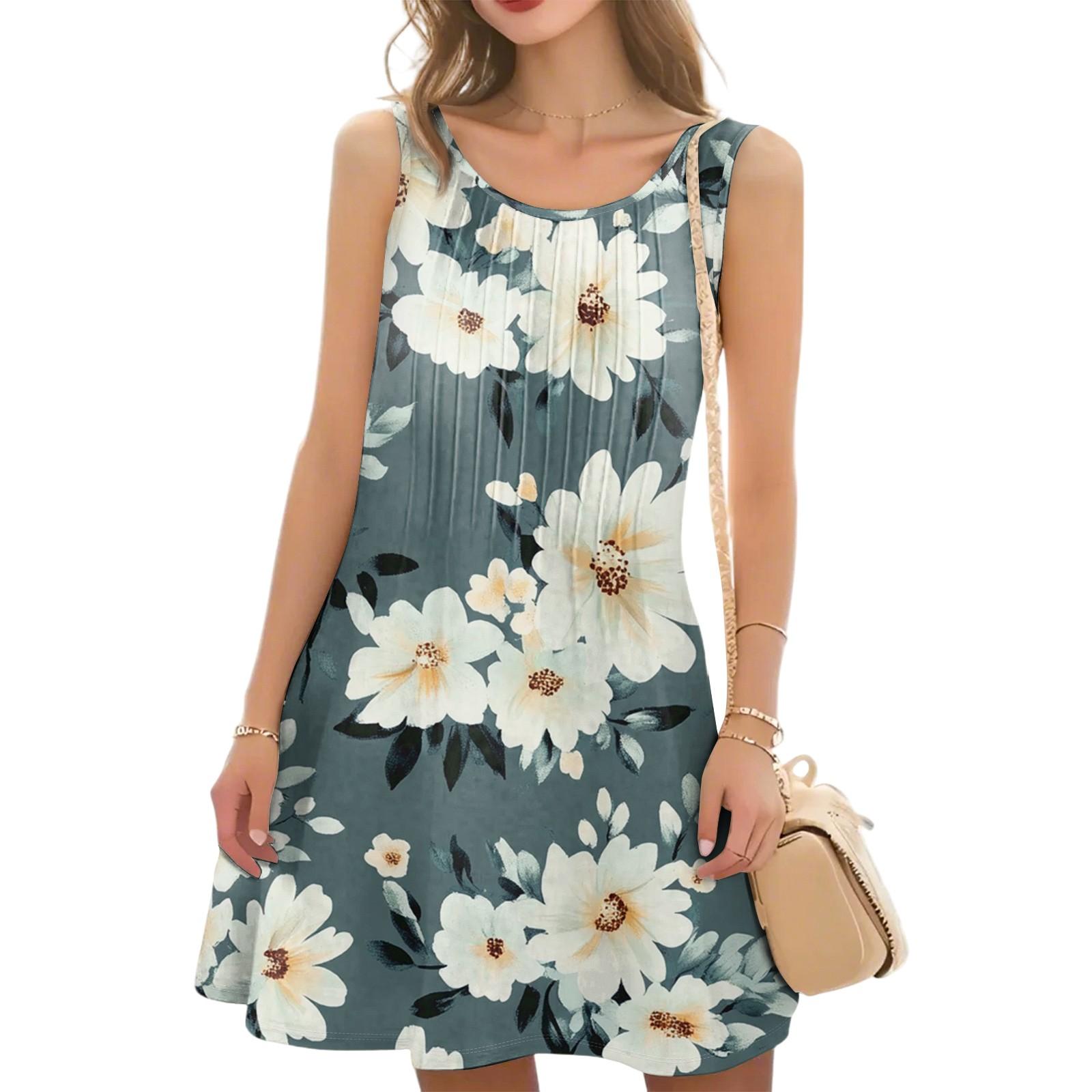 Women s Casual Fashion Floral Print Round Neck Sleeveless  Dress XXL