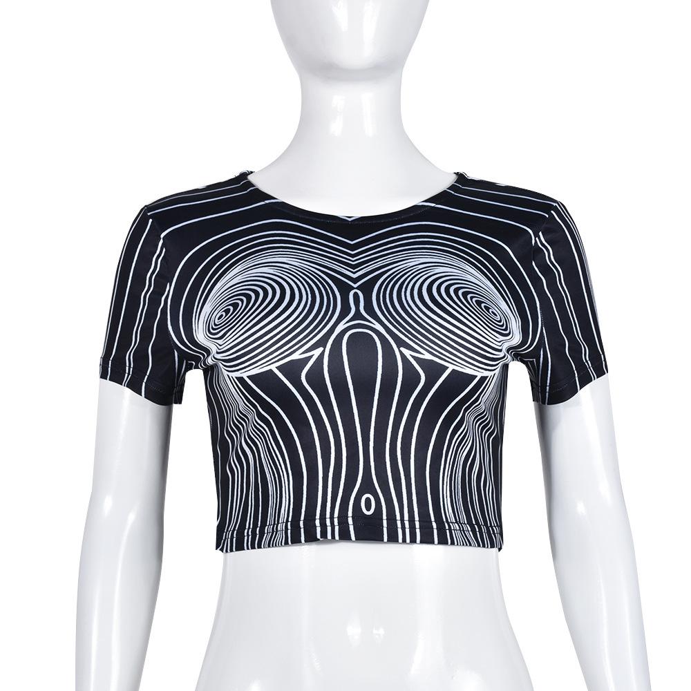 Spring and summer new women's clothing fashion casual round neck long sleeve sexy off-the-button printed slim top women