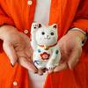 Fukubeya Kutani Ware with and plum blossom with red Traditional lucky right paw for good fortune and interior decoration and Maneki-neko (beckoning