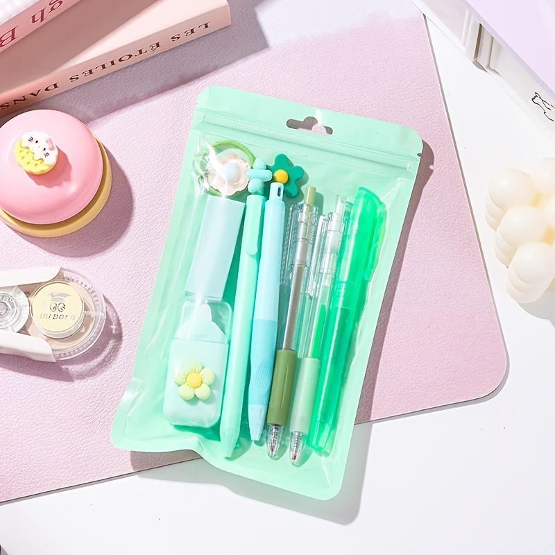 8Pcs Stationery Set with Pencils, Ballpoint Pens, Erasers and Pendants. 5 Styles Optional for Writing and Decorating.