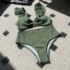 High Waist Bikini Set Women's Solid Color V-Neck Swimwear Ruffled Triangle Top Beach Summer Two Pieces