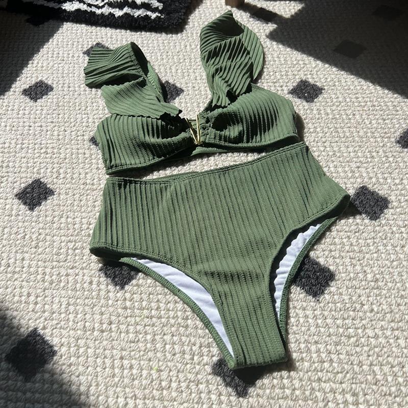 High Waist Bikini Set Women's Solid Color V-Neck Swimwear Ruffled Triangle Top Beach Summer Two Pieces