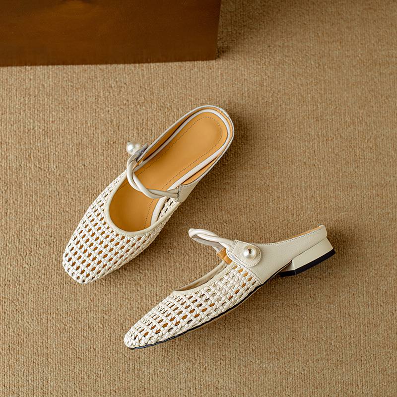 Krazing Pot Microfiber Mules Weaving Summer Size 41 Low Heels Pearl-studded Party Shoes Women Square Toe Gladiator Hollow Out Pumps