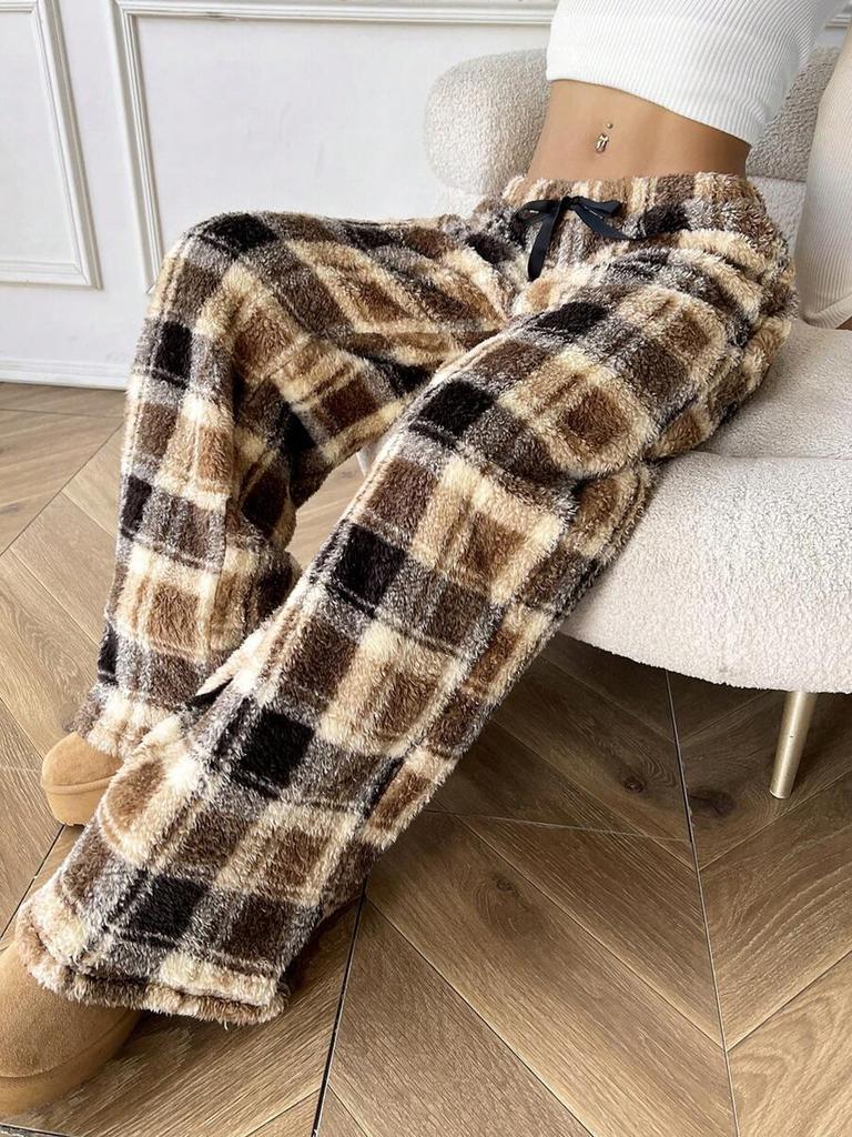 Winter New Women's Plaid Casual Pants with Elastic Waist and Fleece
