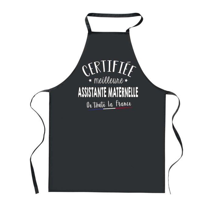 Planetee Tablier de Cuisine Noir Certifiée meilleure Assistante Maternelle – Cadeau Femme, Barbecue, Jardinage, Tâches ménagères