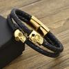 New Hand Woven Gold-plated Stainless Steel Skull Scalp Leather Bracelet with Punk Style Magnetic Buckle Men's Leather Bracelet