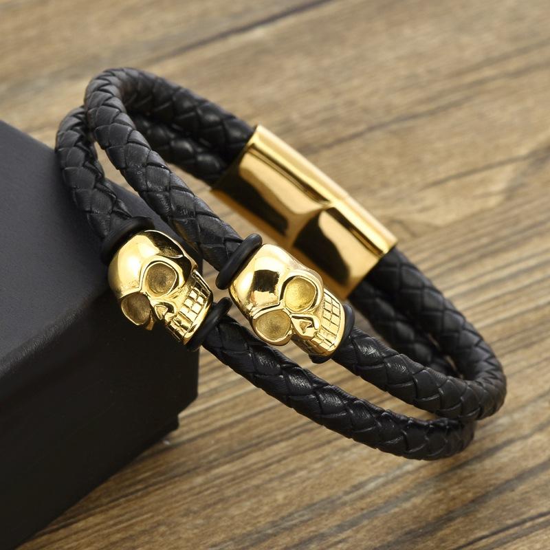 New Hand Woven Gold-plated Stainless Steel Skull Scalp Leather Bracelet with Punk Style Magnetic Buckle Men's Leather Bracelet