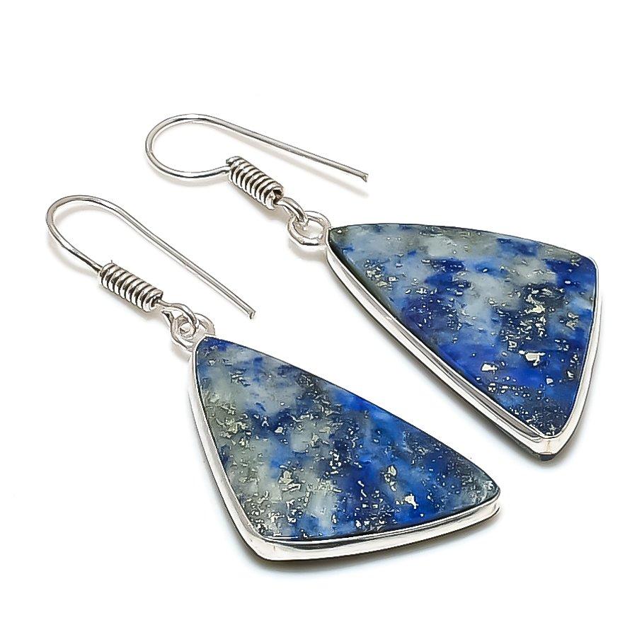 Natural Lapis Lazuli Gemstone Handmade 925 Sterling Silver Jewelry Earring 1.58" s1Z27