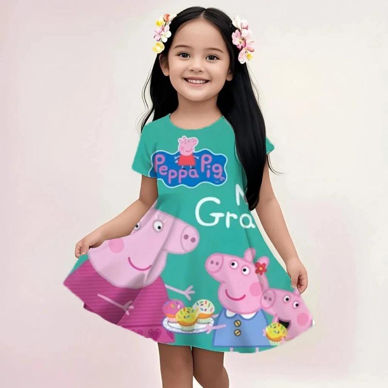 Summer Girls Cute Dress Peppa Pig Cartoon Print Casual Fashion Beach Sundress Soft Lightweight Breathable Dress