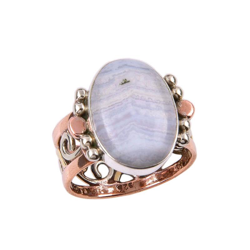 Natural Blue Lace Agate Gemstone 925 Sterling Silver Two Tone Ring Size 6.5 N0o16