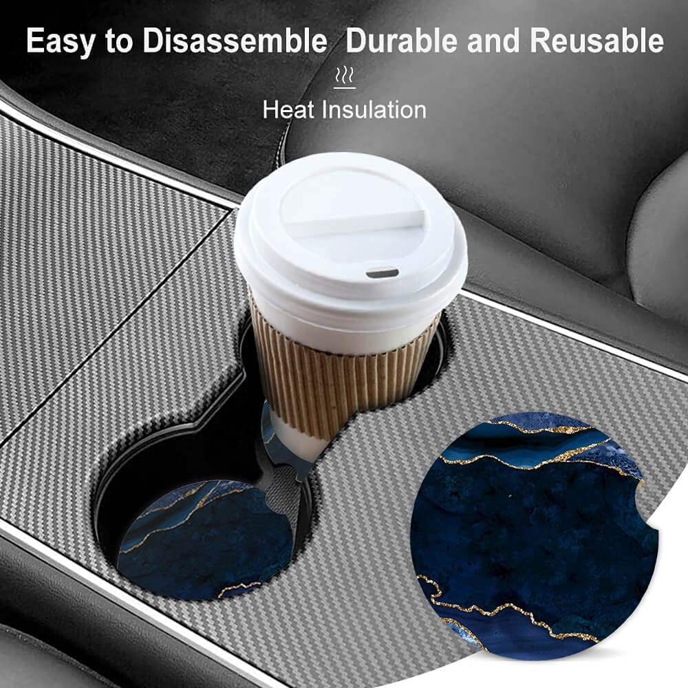 Ceramic Cup Holders Car Coasters for Women/Men,Cool Absorbent Drink Cup Car Holder Coasters with A Finger Notch 2.56" Pack of 2,Blue Marble Gold