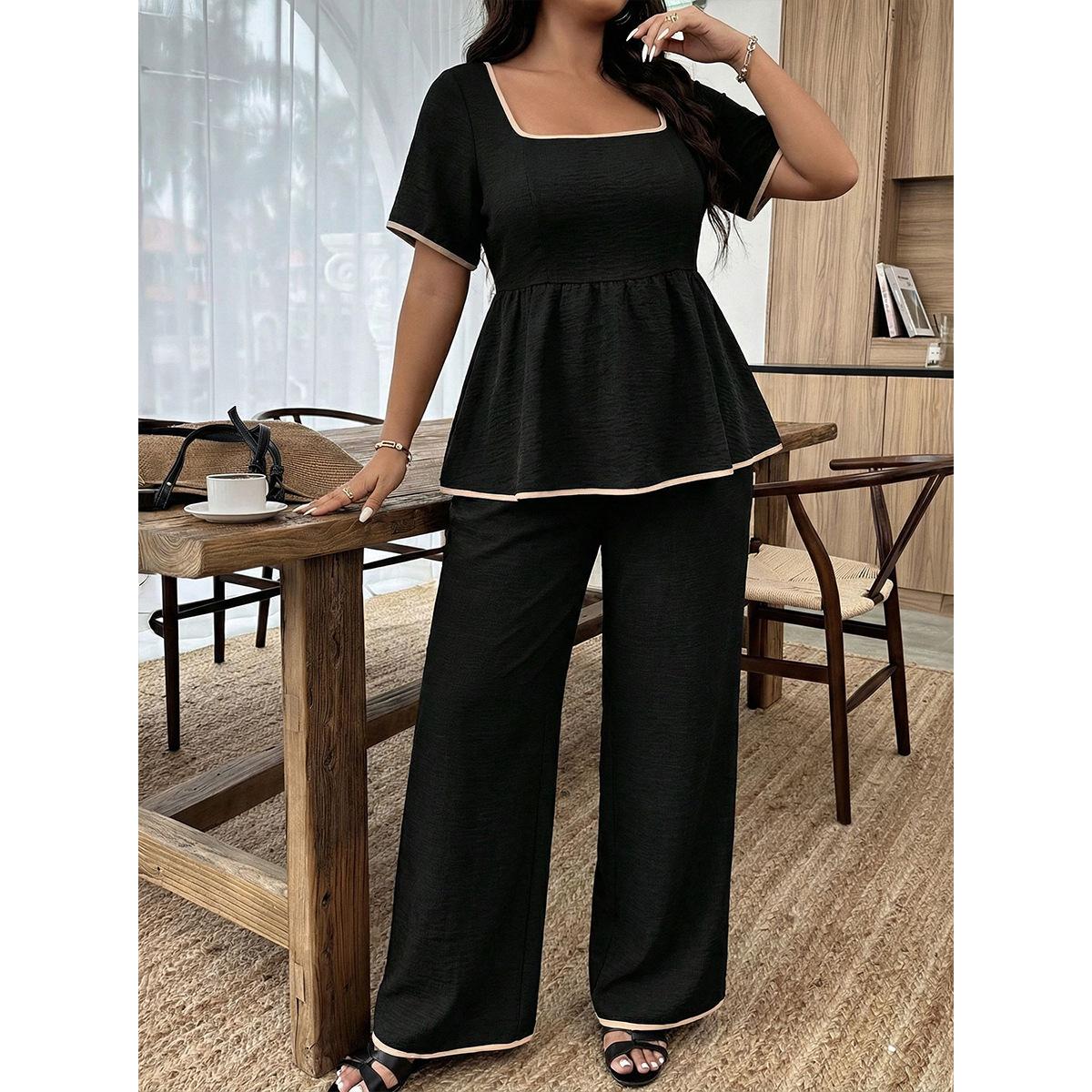 

New Summer Slimming Outfit - Oversized Square-neck Fitted Waist-hugging Blouse Paired with Loose-fitting Wide-leg Pants 4XL чорний