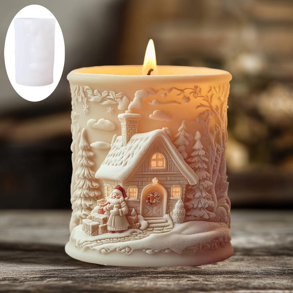 2025 Santa Claus Christmas House Cylinder Candle Silicone Mold Santa Claus Gift Castle Relief Resin Gypsum Molds Christmas Gift