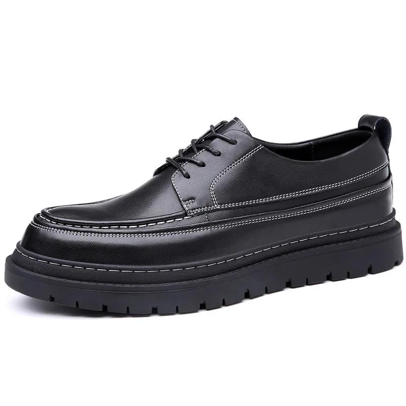 2025 Fashion Brand Male Brogues Footwear Genuine Leather Mens Casual Shoes Thick Sole Height Increasing Shoes Pure Black