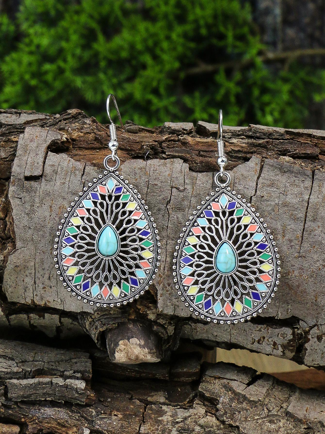 Bohemian Colorful Glazed Droplet Earrings with Short Necklace Set for Women