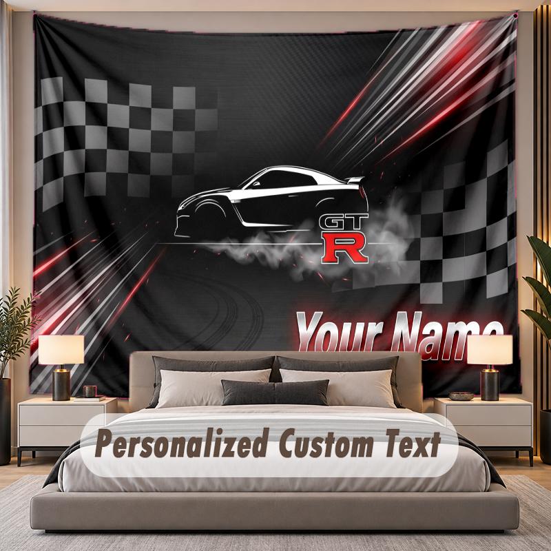Custom Name Text Tapestry Nissan GT-R Personalized Polyester Wall Tapestry For Bedroom And Room