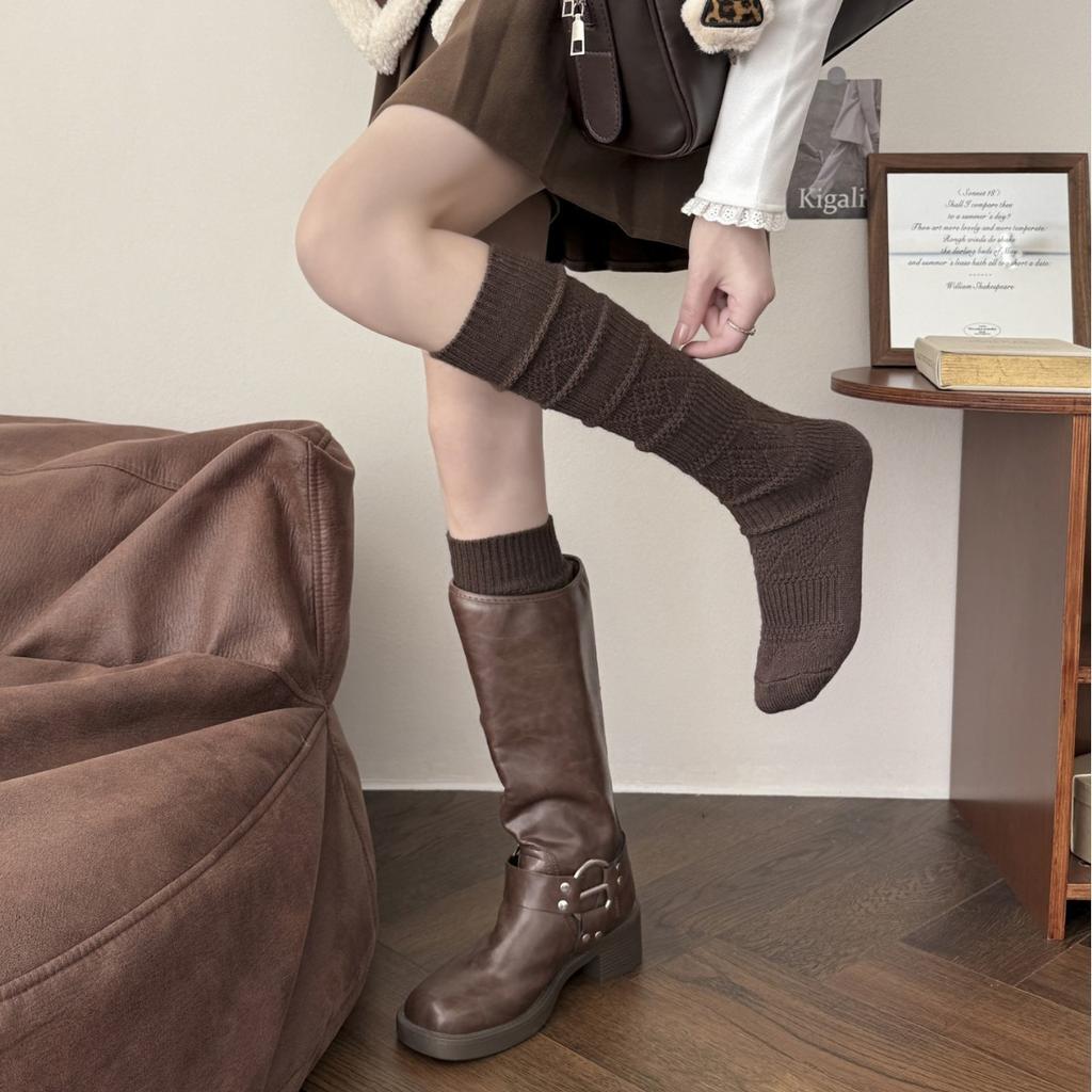 Wool Diamond Plaid Stockings Calf Socks Simple Korean Half Leg Socks Dark Stripe Slimming Calf Socks Cashmere Thickening