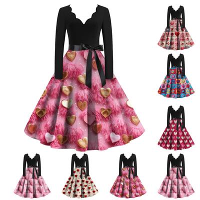 Women's Valentine's Day Heart Print V-Neck Slim Fit Long Sleeve Swing Dress