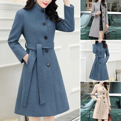 Autumn Winter Women Woolen Coat Single-breasted Stand Collar Solid Color Overcoat Slim