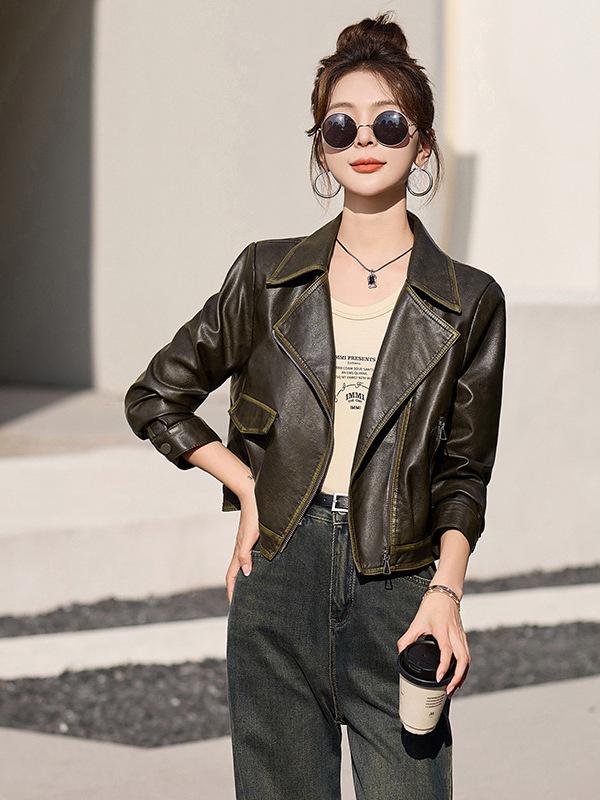 2025 Spring/Autumn Temperament Women's Slim Leather Jacket with Turn-Down Collar