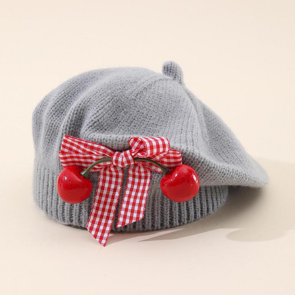 Charming Woolen Beret with Bow & Cherry for Kids - Autumn & Winter Solid Color Hat