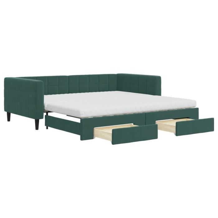 VidaXL Daybed and Trundle and Drawers Dark Green 100x200 Cm Velvet 3196772