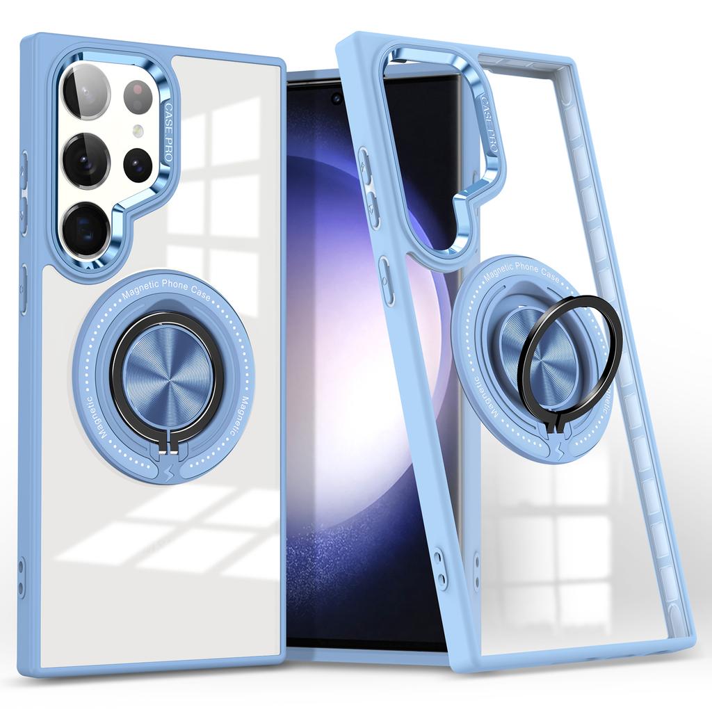 For Samsung Galaxy S23 Ultra Magnetic Case PC+TPU Clear Phone Cover with Ring Kickstand