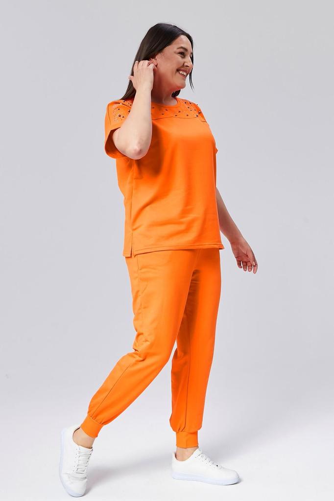 Set de trening de marime mari la moda pentru dama Set de trening de vara verde cu maneca scurta, detaliat cu piatra si margele