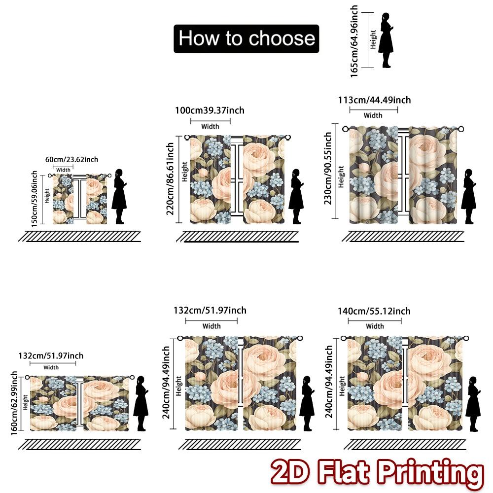 2D FLAT PRINTING 2pcs Curtains (Without Rod) Floral Rose Design (2) Easter Festival Fashion Curtains Fabric Curtains Outdoor