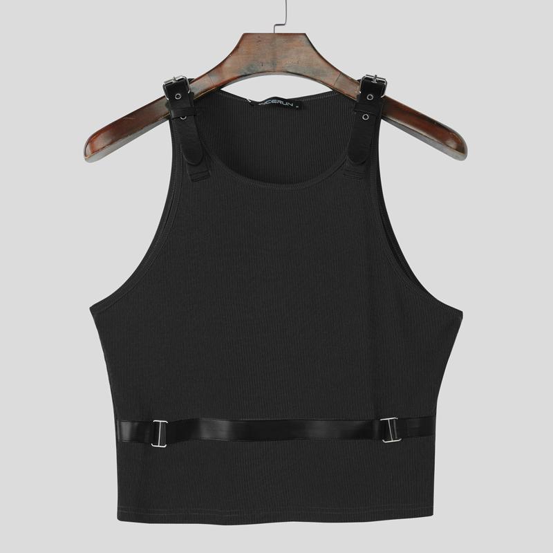 

INCERUN Summer Men Sleeveless Crew Neck Shoulder Belt Patchwork Casual Slim Short Tanks XL чёрный