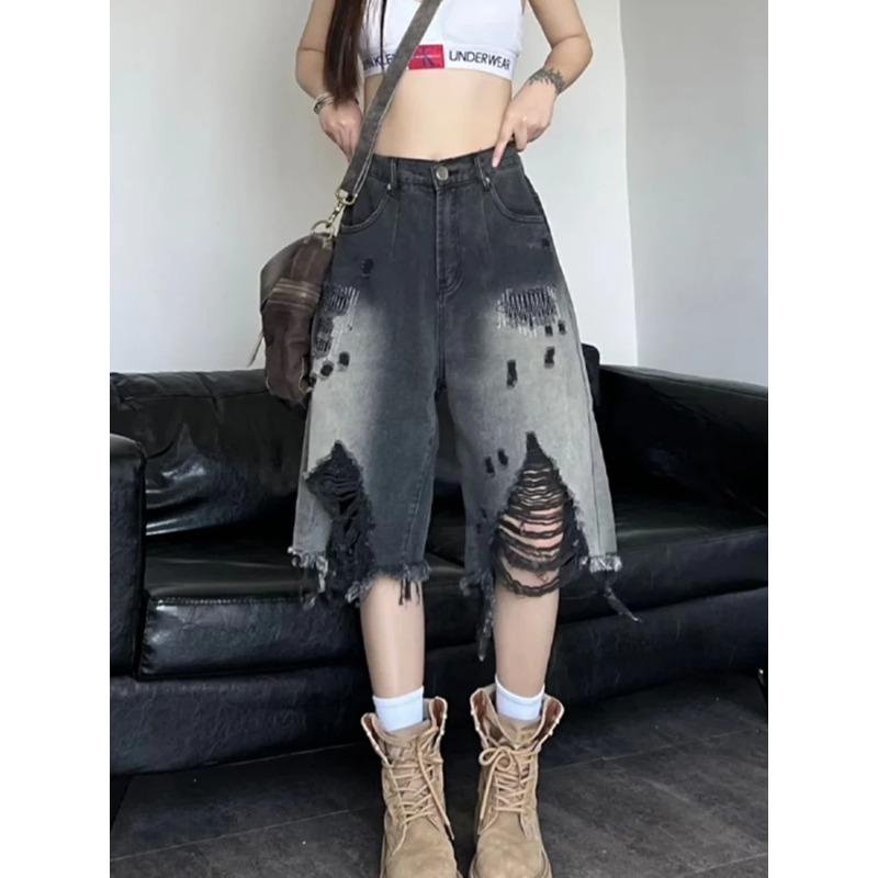 Shorts in Denim con Fori Harajuku Y2K Donna Streetwear Vintage Shorts Jeans Sfumati Shorts con Design Retro Americano Hip Hop