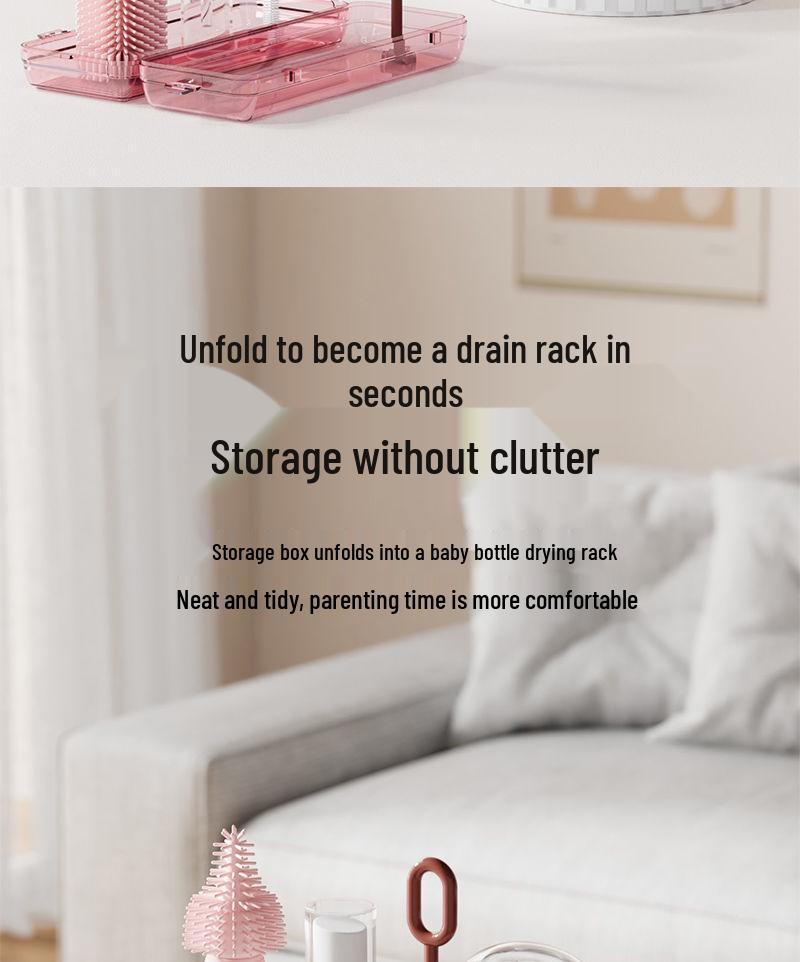 Portable Baby Bottle & Nipple Brush Set with Storage Box and Draining Rack for Travel