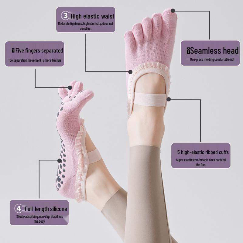 Ballet Style Non-Slip Yoga Socks with Lace Open-Back Toes and Silicone Grip