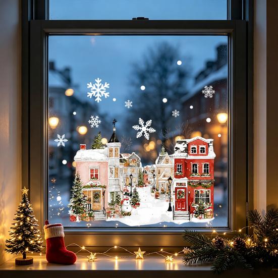 Weihnachts-Fenstersticker Statische Aufkleber, Verschneite Stadthäuser Schneeflocken Glasaufkleber, Wiederverwendbare Klebefreie Adsorption Weihnachten Aufkleber, Feiertagsdekoration für