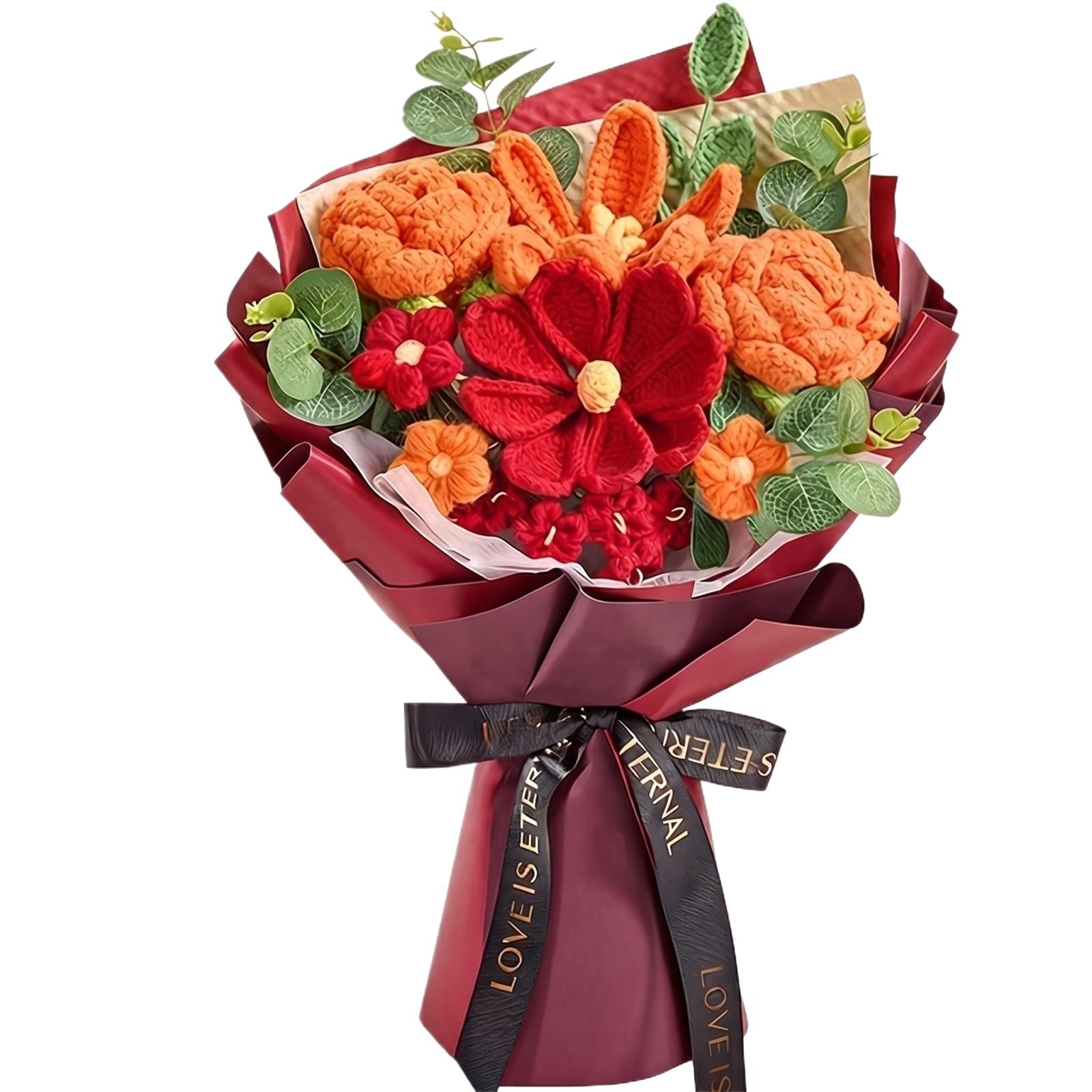 

Crochet Flower Bouquet Handcrafted Knitted Floral Arrangement with Gift Bag and Card for Anniversary Birthday Mothers Day Graduation One Size красный