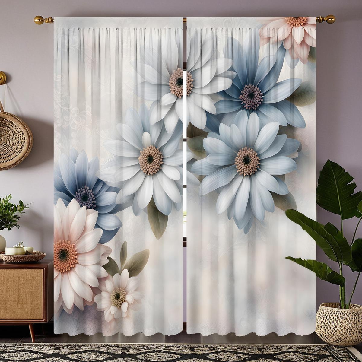 

2 шт. HD синяя цветочная декоративная занавеска с пейзажем Синяя цифровая печатная занавеска для украшения дома в стиле украшенной гостиной кровати W52H63inchW132H160cm