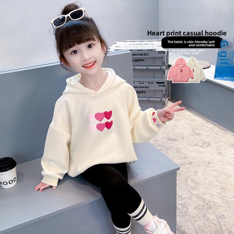 2026 New Girls' Kids Spring Autumn Hooded Sweatshirt with Heart Pattern Girls Long Sleeve Tee Tops For Kids Polyester Daily Wear