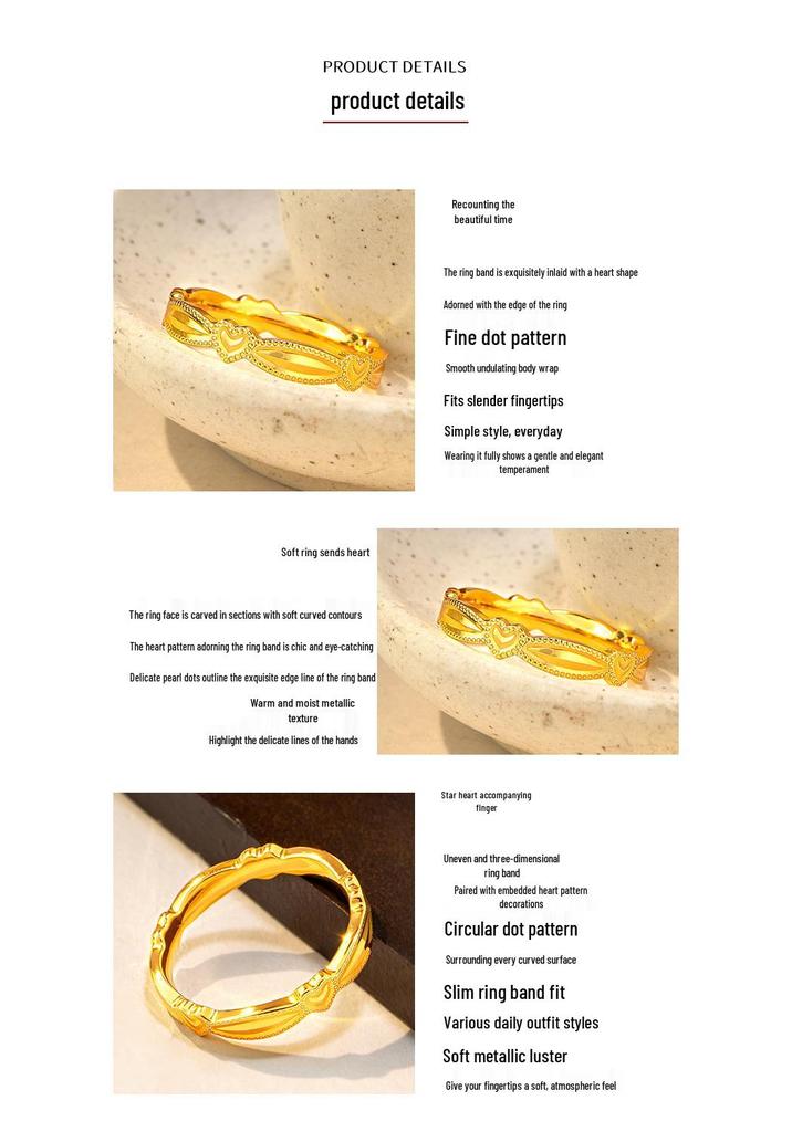 New Chinese Style Gold Heart Closed Ring: Elegant High-End Simple Band Jewelry