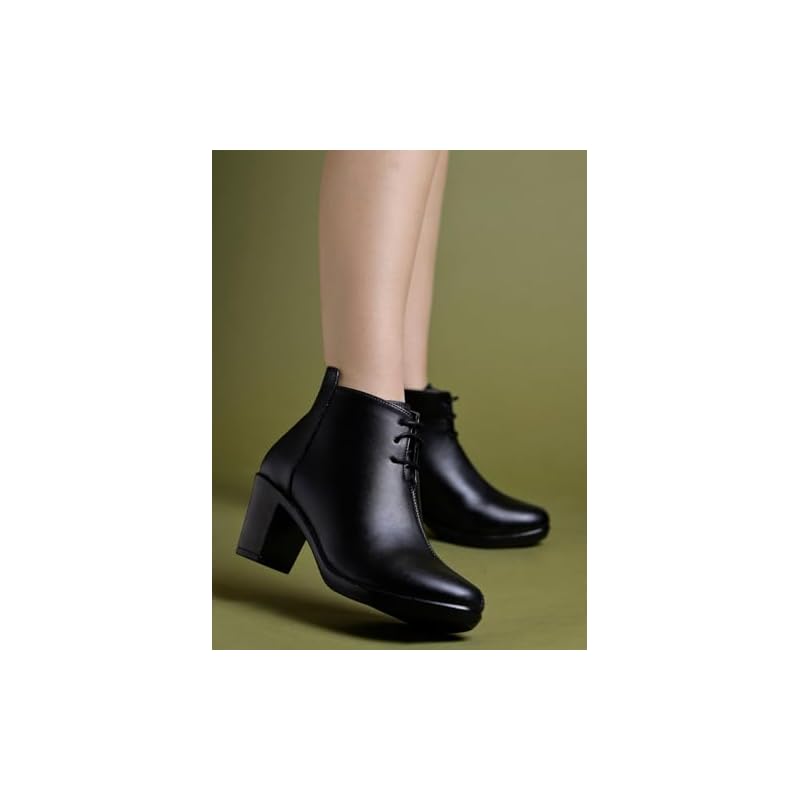 Shoetopia Women S Black Leather Ankle Booties With Block Heel And Lace-Up Closure Stylish Mid-Heel Dress Boots For Offi 7 UK чёрный