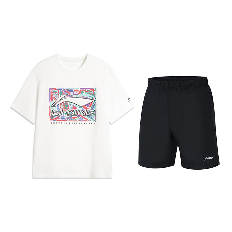 Li-Ning Breathable Printed Round Neck Top Simple Comfortable Versatile Casual Sports Suit Unisex Tops AHSV291-1+YKST119-1 S