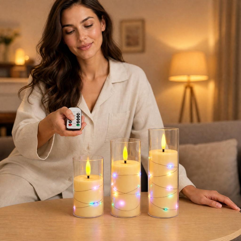 Flameless Candles with String Lights for Wedding Party Table Decor, Simulated Flickering Flame Ornaments for Home and Event