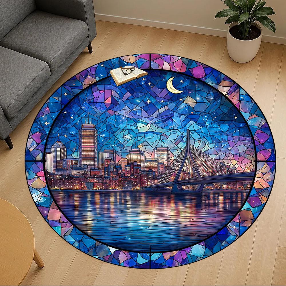1pc Cityscape Stained Glass Pattern Office Round Rugs, Under Chair Round Rugs for Living Room, Bedroom, Bathroom Decoration Carpet 091813